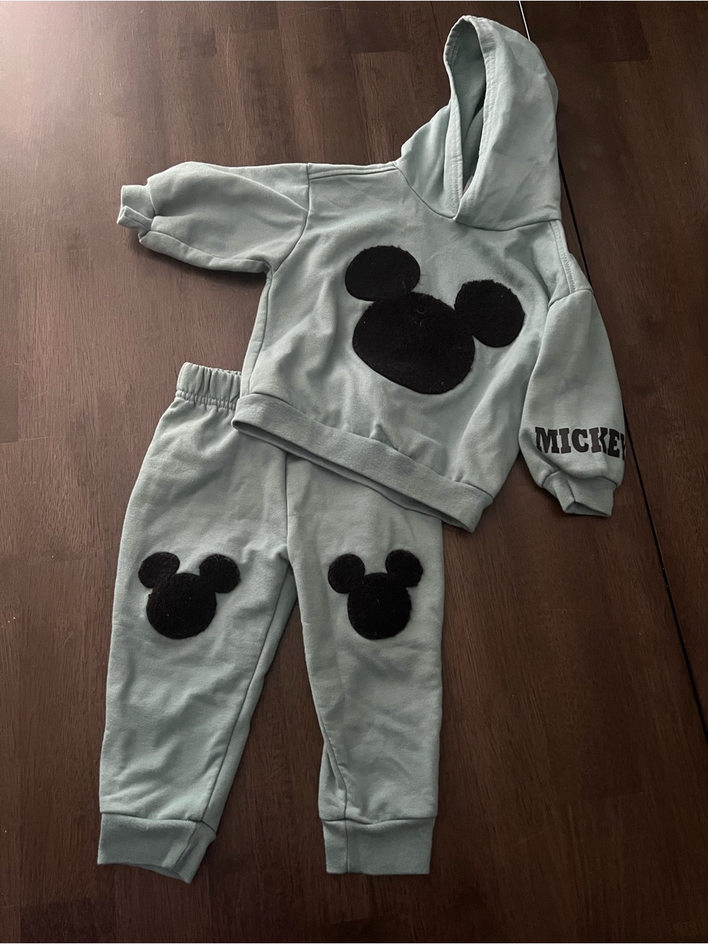 Disney Mint Green Kids Hoodie & Joggers with Black Mickey Silhouettes